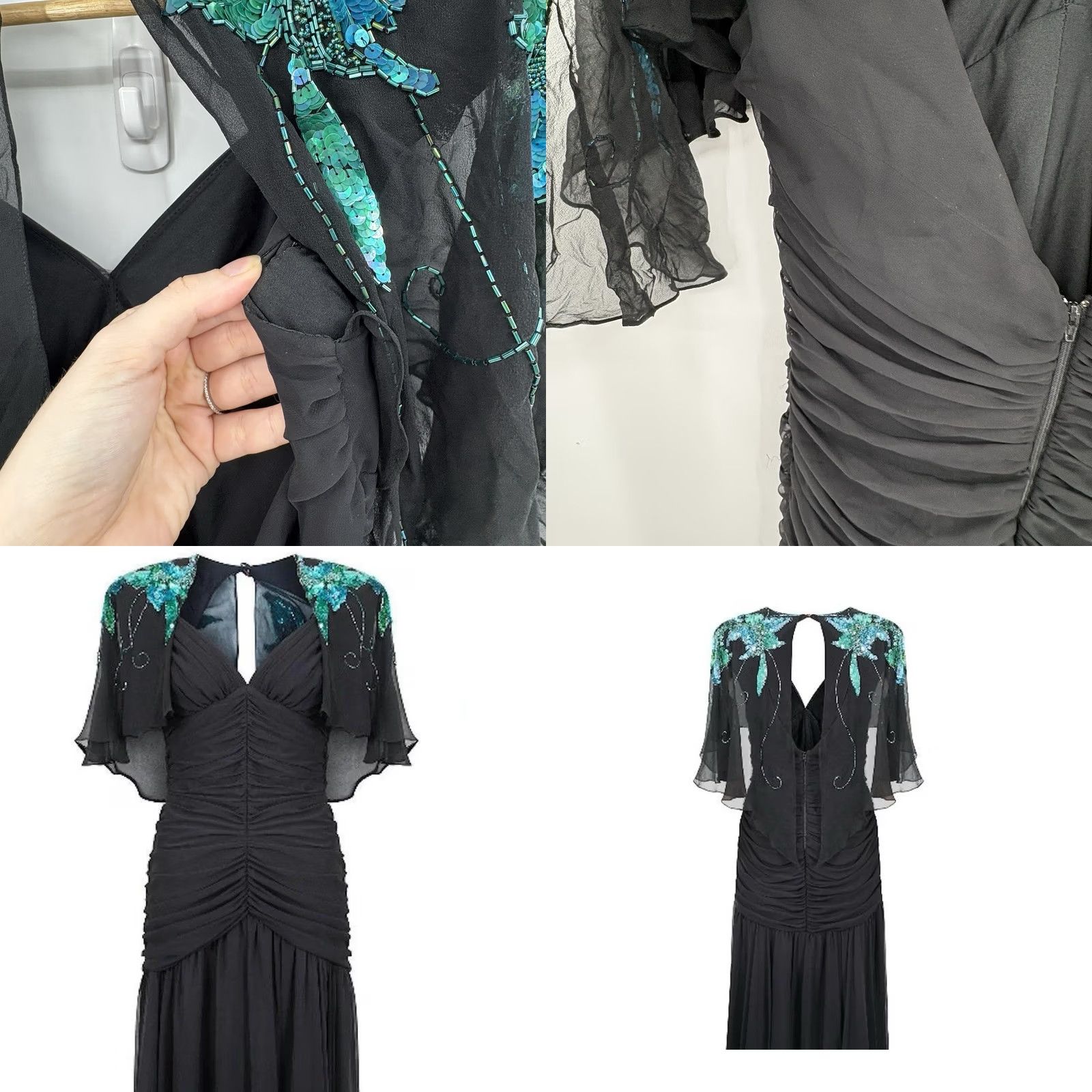 Casadei VINTAGE Casadei Dress Small Cocktail Fairy Grunge Sequin Glam Gala Capelet Draped Dress Black S Women Long Belted Caplet Flutter Sleeves Sequin Size S / US 4 / IT 40 - 9 Thumbnail
