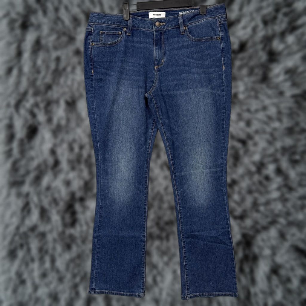Denime Sonoma Jeans Womens 14 Slim Bootcut Denim Blue Mid Wash 37x31 Stretch 5-Pocket Mid Rise Cotton Polyester Spandex Size 36" / US 14 / IT 50 - 1 Thumbnail