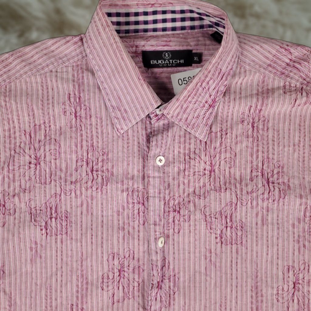 BUGATCHI VINTAGE Bugatchi Uomo Men's Shirt XL Pink Striped Casual Button Up Short Sleeve Size US XL / EU 56 / 4 - 1 Thumbnail