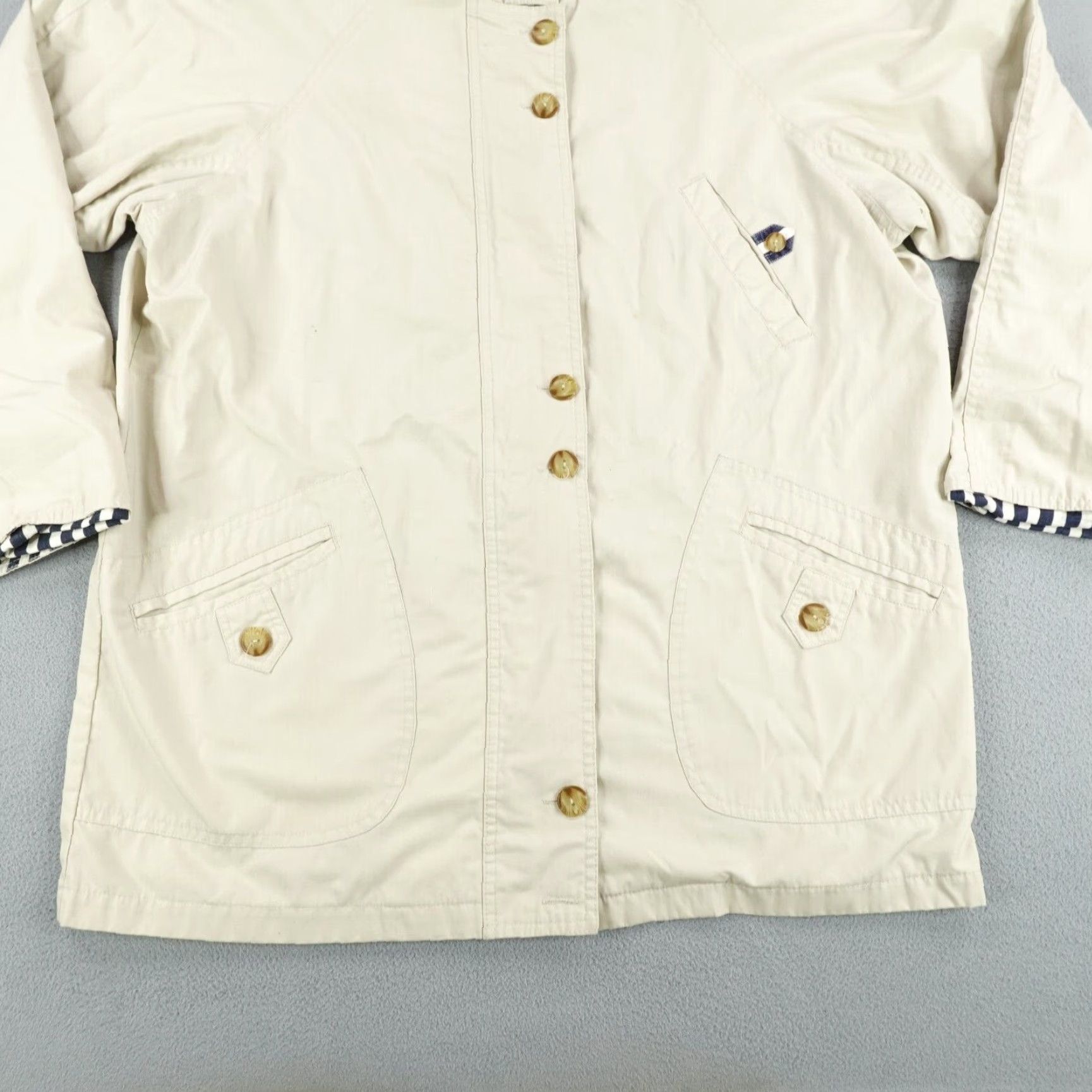 Orvis VINTAGE Orvis Jacket Womens Large Chore Barn Coat Khaki Beige Padded Shoulders Full Zip Pockets 90s Outdoor Canvas Cotton Blend Size L / US 10 / IT 46 - 4 Thumbnail