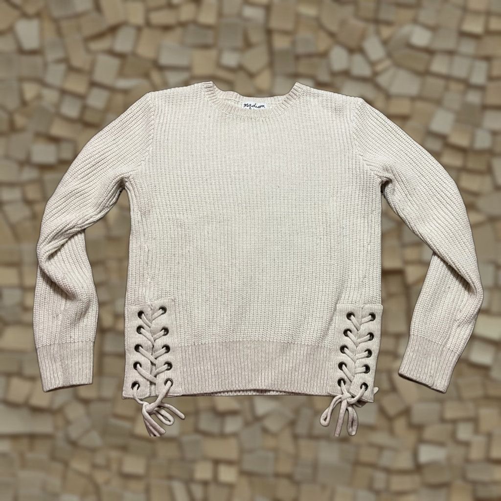 Madison Madison & Berkeley Sweater Women L Ivory Knit Pullover Crew Neck Side Ties Size L / US 10 / IT 46 - 1 Thumbnail
