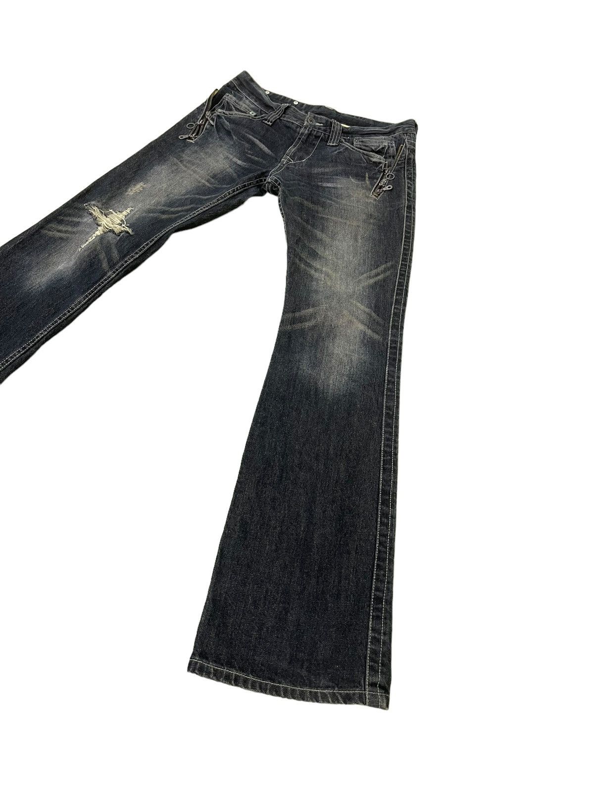 Japanese Brand Flare Jeans Semantic Design Faded Distress Boot Cut 8🟦8 Size US 31 - 3 Thumbnail