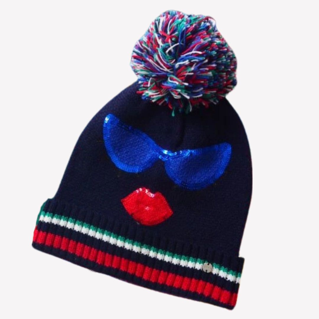 Esprit ESPRIT Navy Winter Beanie Hat w/ Pom Pom & Fun Embroidery Size ONE SIZE - 3 Thumbnail