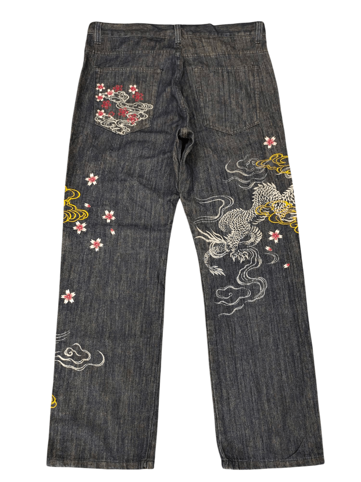 Karakuri Tamashii Vintage Vomanie Japan Dragon Sakura Embroidered Denim Jeans Size US 38 / EU 54 - 8 Thumbnail