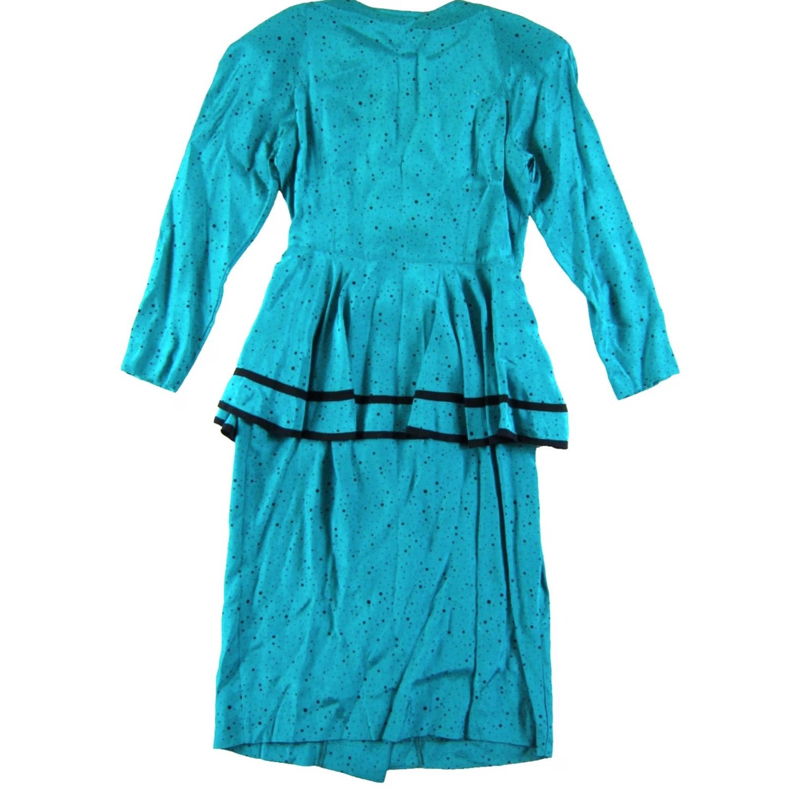 Altea VINTAGE JT DRESS Teal Green Black Polka Dot Rayon Long sleeve Midi Dress 8 Women Size M / US 6-8 / IT 42-44 - 2 Thumbnail