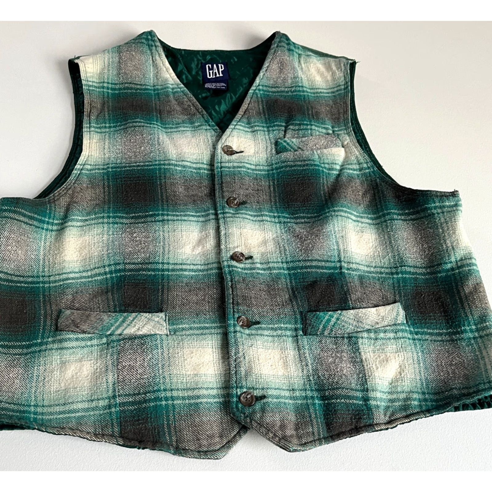 Gap VINTAGE Gap Plaid Vest Shirt Mens L Green 90s City Pockets Bagged Waistcoat Short Size US L / EU 52-54 / 3 - 5 Thumbnail