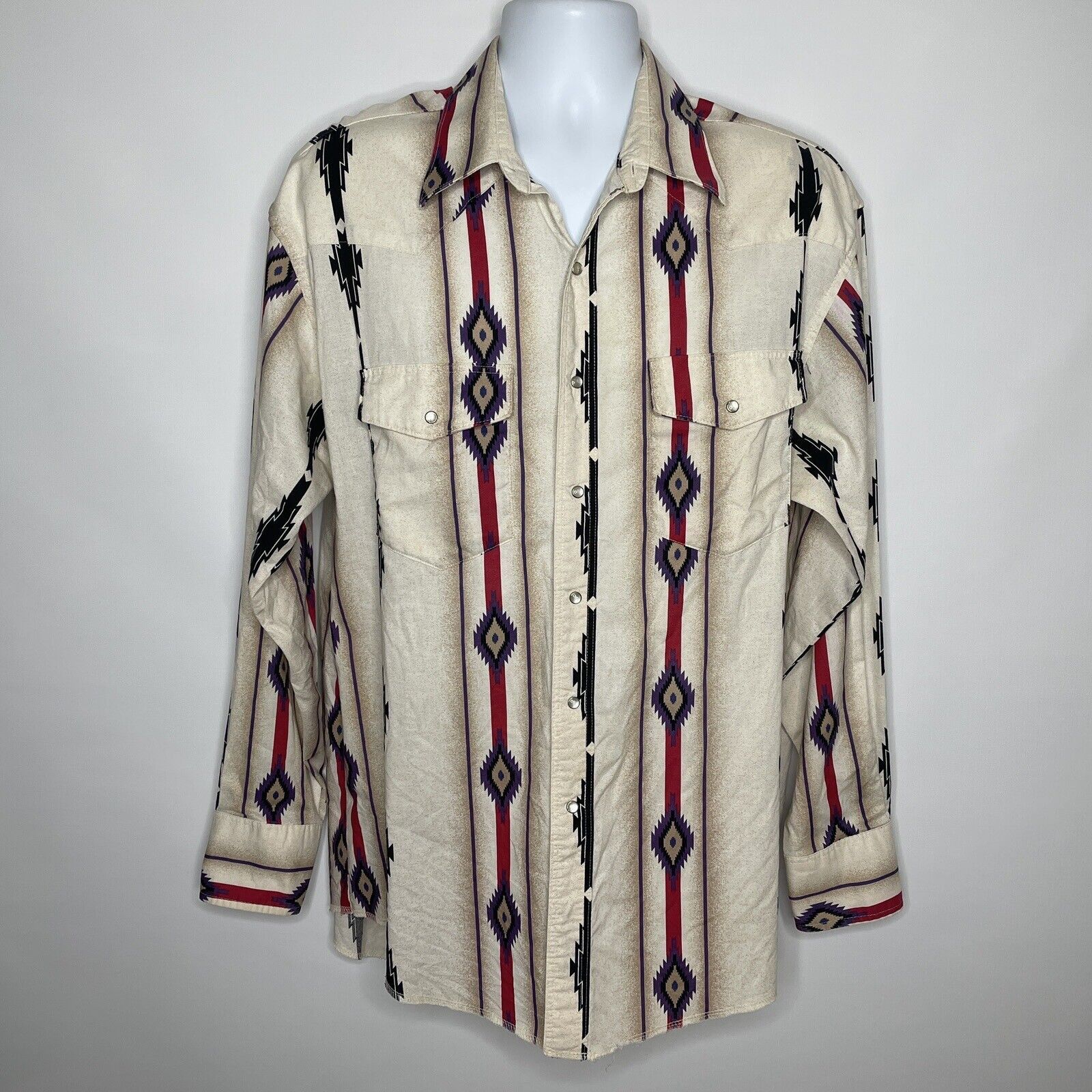 image of Wrangler 90's Beige Purple Red Southwestern Print Pearl Snap Shirt in Beige Red Purple (Size XL)