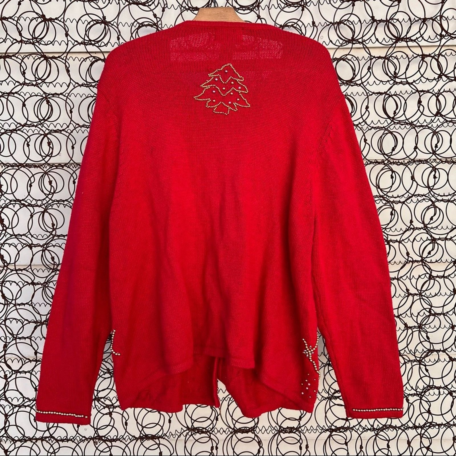 Vintage 90s red button down Ugly Christmas cardigan beaded trees Size XXL / US 16-18 / IT 52-54 - 4 Thumbnail