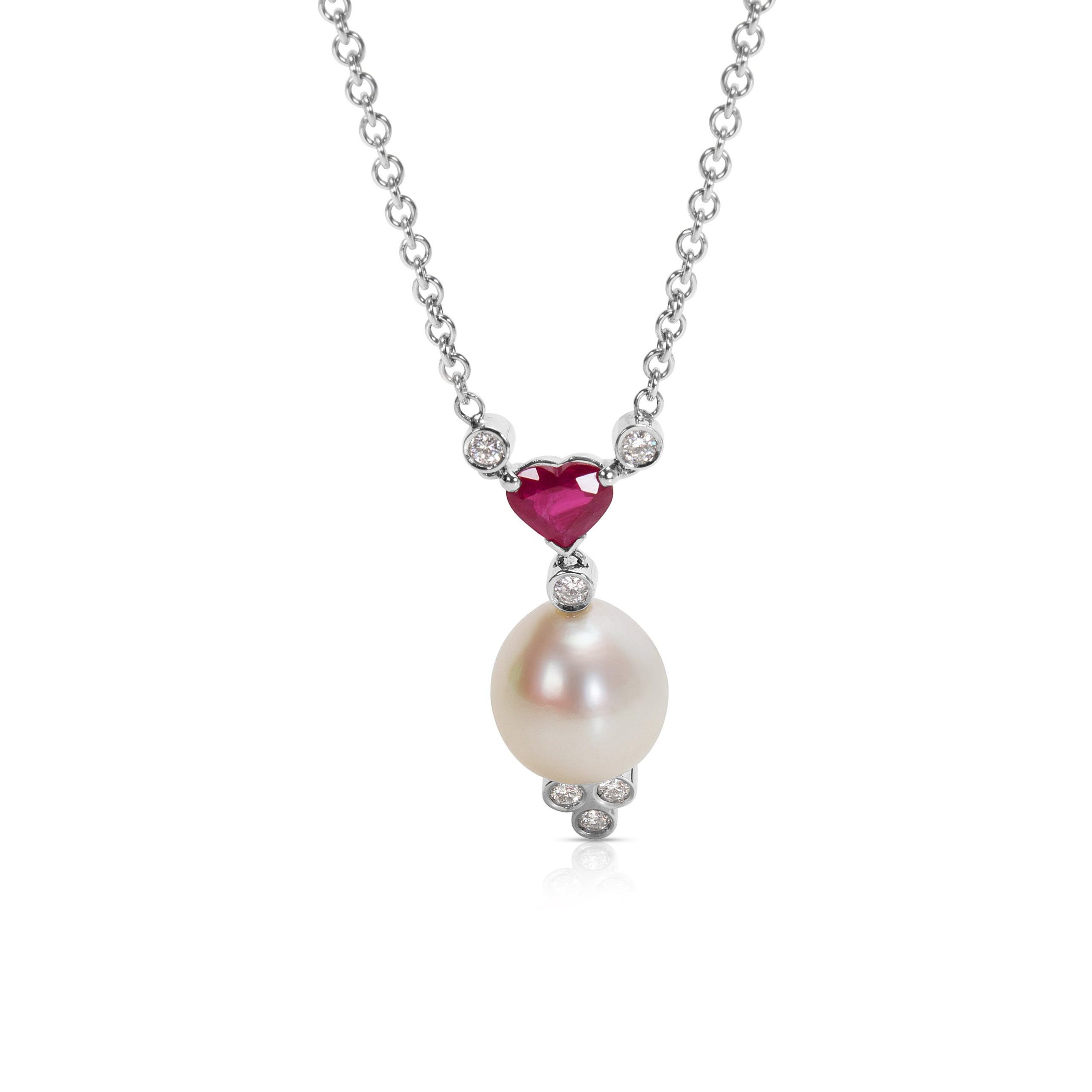 image of Tiffany Co Favero Diamond, Ruby & Pearl Necklace In 18Kt Gold 0.26 Ctw, Women's