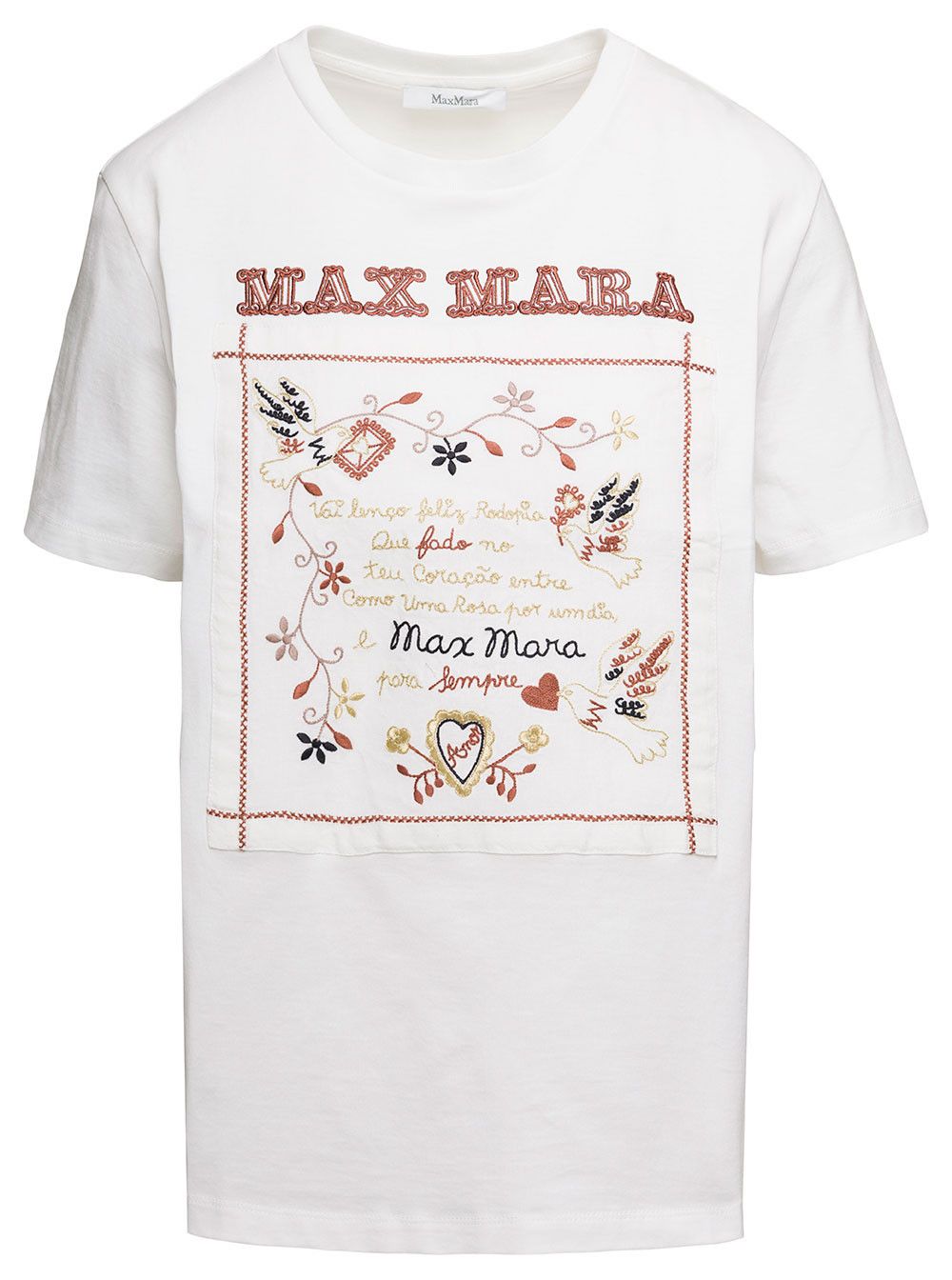 Max Mara White Crew Neck T-Shirt with Embroidered Design and Logo in Cotton Woman Size M / US 6-8 / IT 42-44 - 1 Thumbnail
