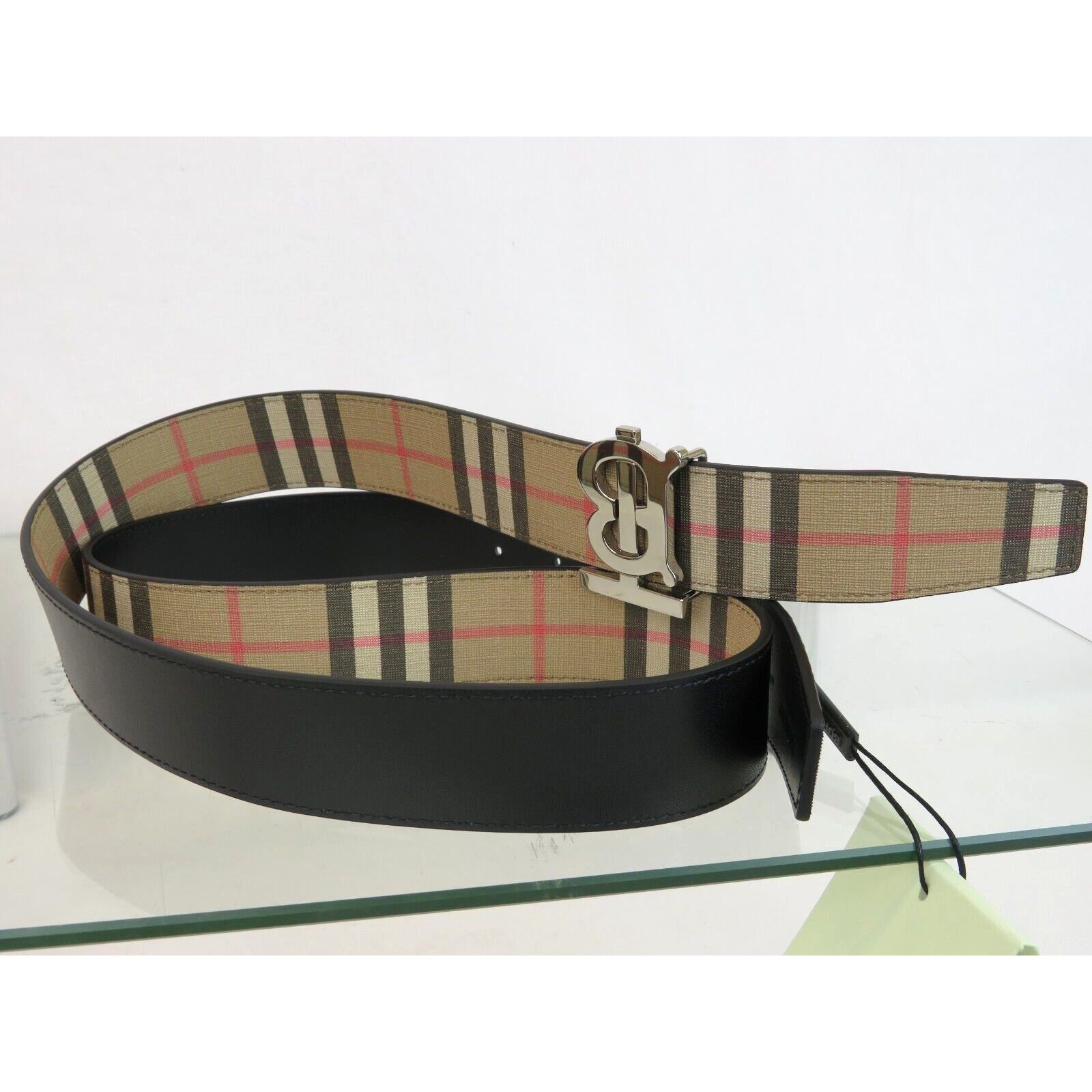Burberry TB 35 BEIGE CHECK BLACK LEATHER REVERSIBLE LOGO BELT 90/36 Size 36 - 9 Thumbnail