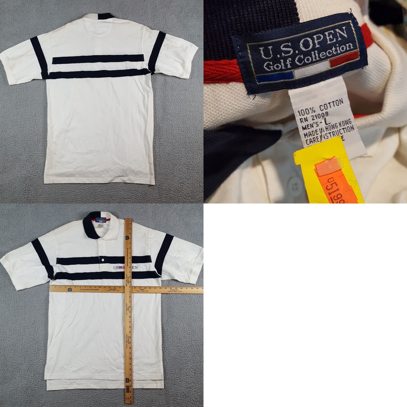 Vintage VINTAGE US Open Polo Shirt Striped Golf Polo Men's L White 100% Cotton Short Sleeve Button Collared Shirt 90s Preppy Vintage Shirt Mens Size US L / EU 52-54 / 3 - 8 Thumbnail