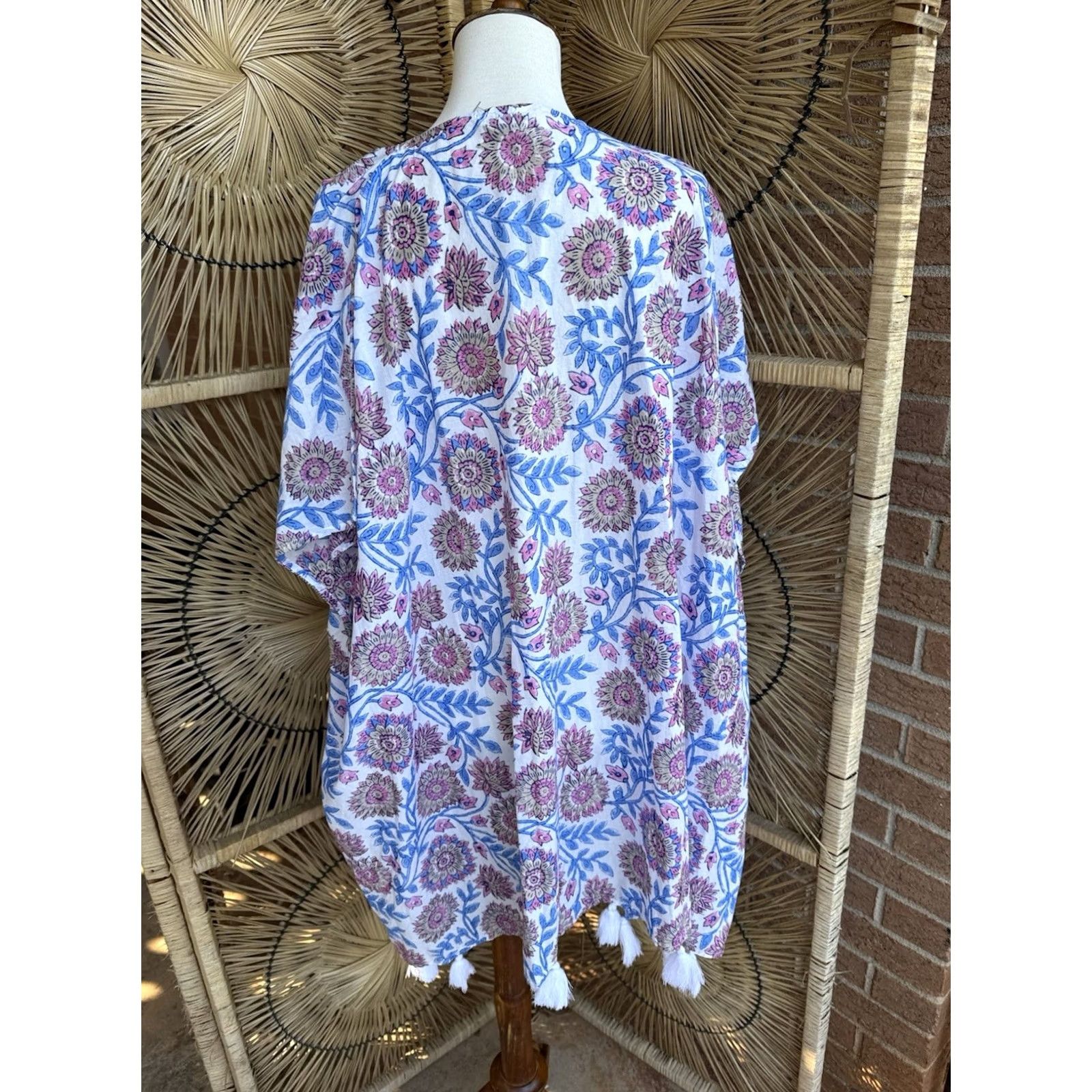 J.Crew J.CREW Boho Kimono Cover Up Floral Beach S/M White 100% Cotton Tassel Trim Open Front Womens Medium Size M / US 6-8 / IT 42-44 - 7 Thumbnail