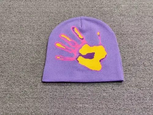 Japanese Brand Mediocre Hand Palm Heatmap Graphic No Cuff Beanie Hat Purple Size ONE SIZE - 2 Thumbnail