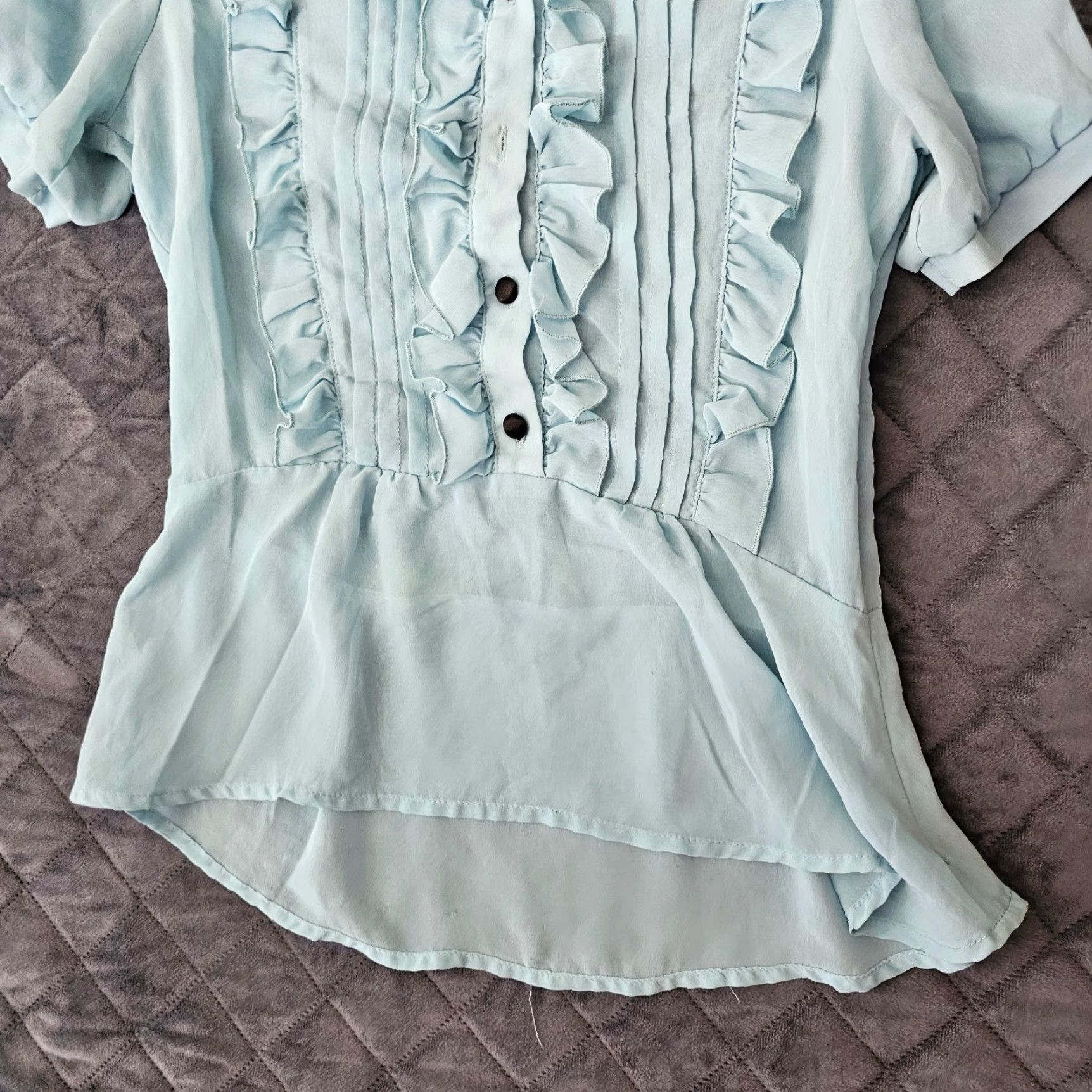 Express VINTAGE Cotton Express Blouse Button Shirt Blue Silk Ruffled Short Sleeve M 80s Womens Size M / US 6-8 / IT 42-44 - 4 Thumbnail