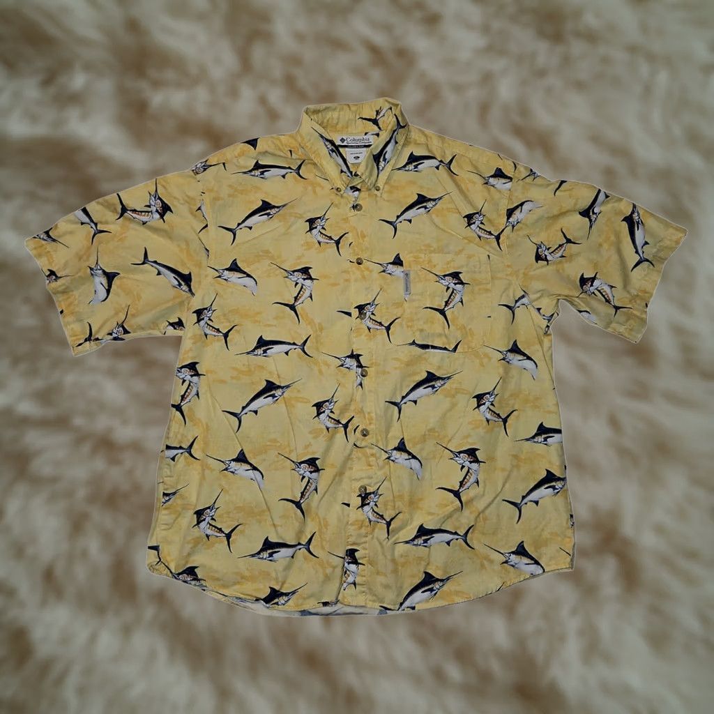 Vintage Columbia Yellow Marlins Fishing Vacation Button Down Short Sleeve Men's XL Size US 36 / EU 52 - 1 Thumbnail