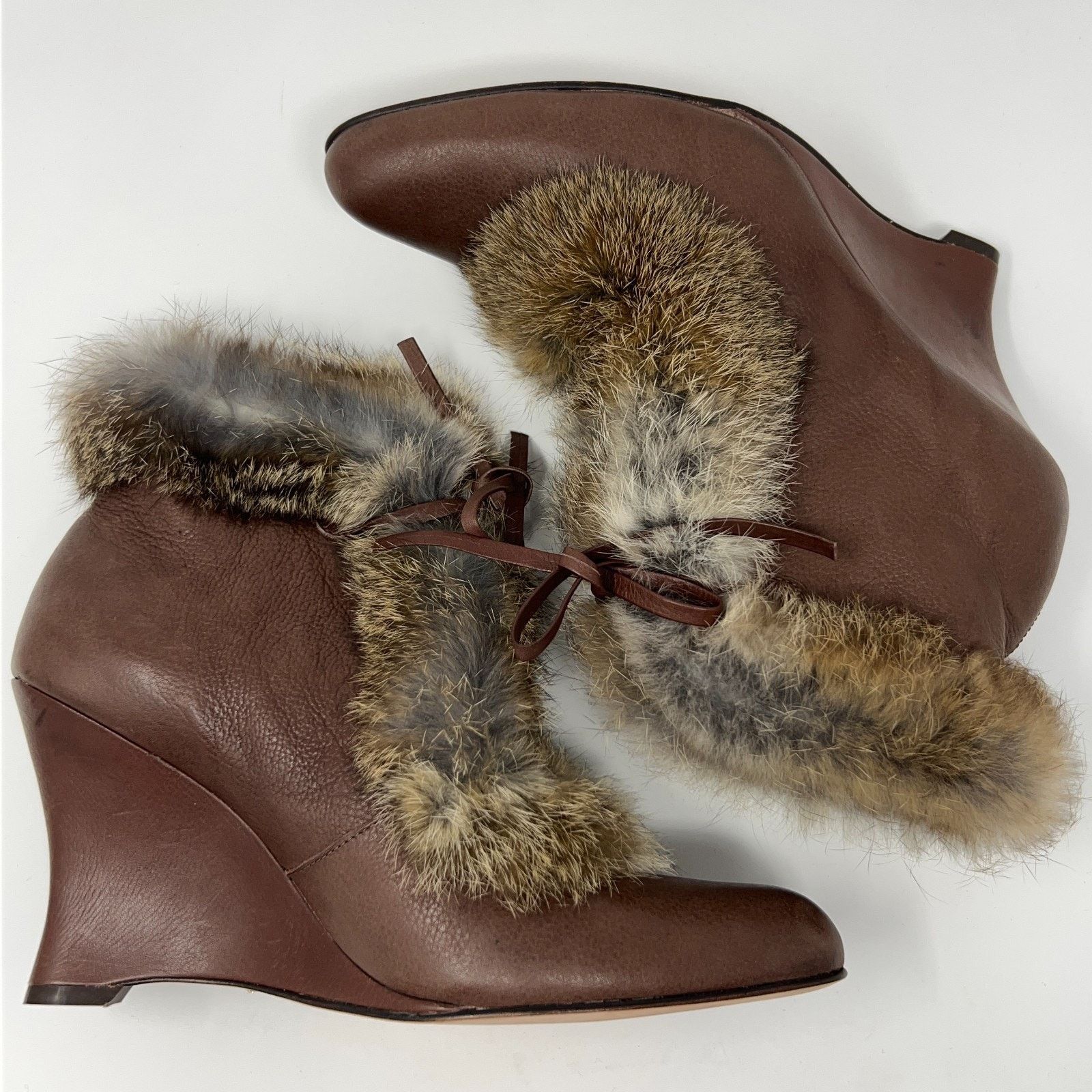 10 Corso Como Corso Como Rabbit Fur Trim Wedge Booties Brown Womens 8M Size US 8 / IT 38 - 10 Thumbnail
