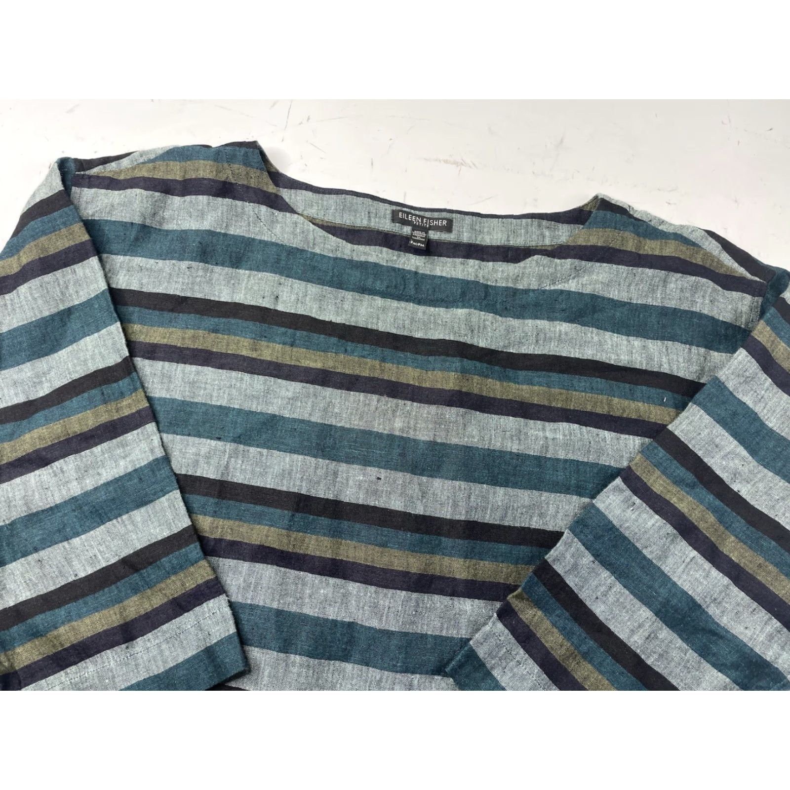 Eileen Fisher Eileen Fisher Blouse Shirt Teal Organic Linen Bateau Neck Striped 3/4 Sleeve Petite PM Women Sh Size M / US 6-8 / IT 42-44 - 2 Thumbnail