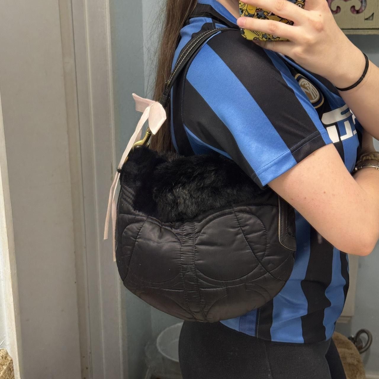 Coach Y2K Nylon Black Coach Bag with Rabbit Fur Trim Size ONE SIZE - 8 Thumbnail