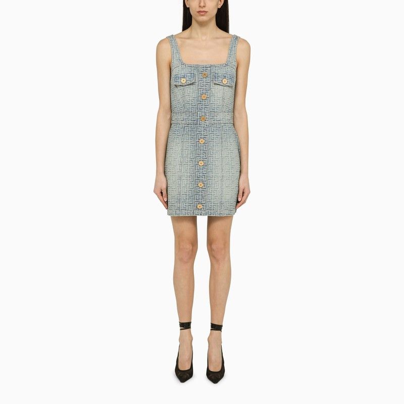 image of Balmain Light Blue Denim Mini Dress With Monogram, Women's (Size Medium)