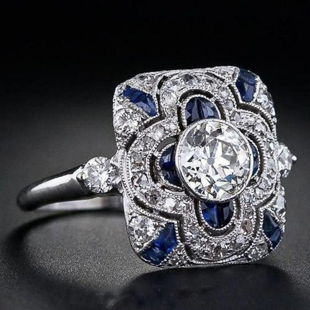 Designer 925 Sterling Silver Blue Geometric Art Deco Ring - Size 7 Size ONE SIZE - 2 Thumbnail