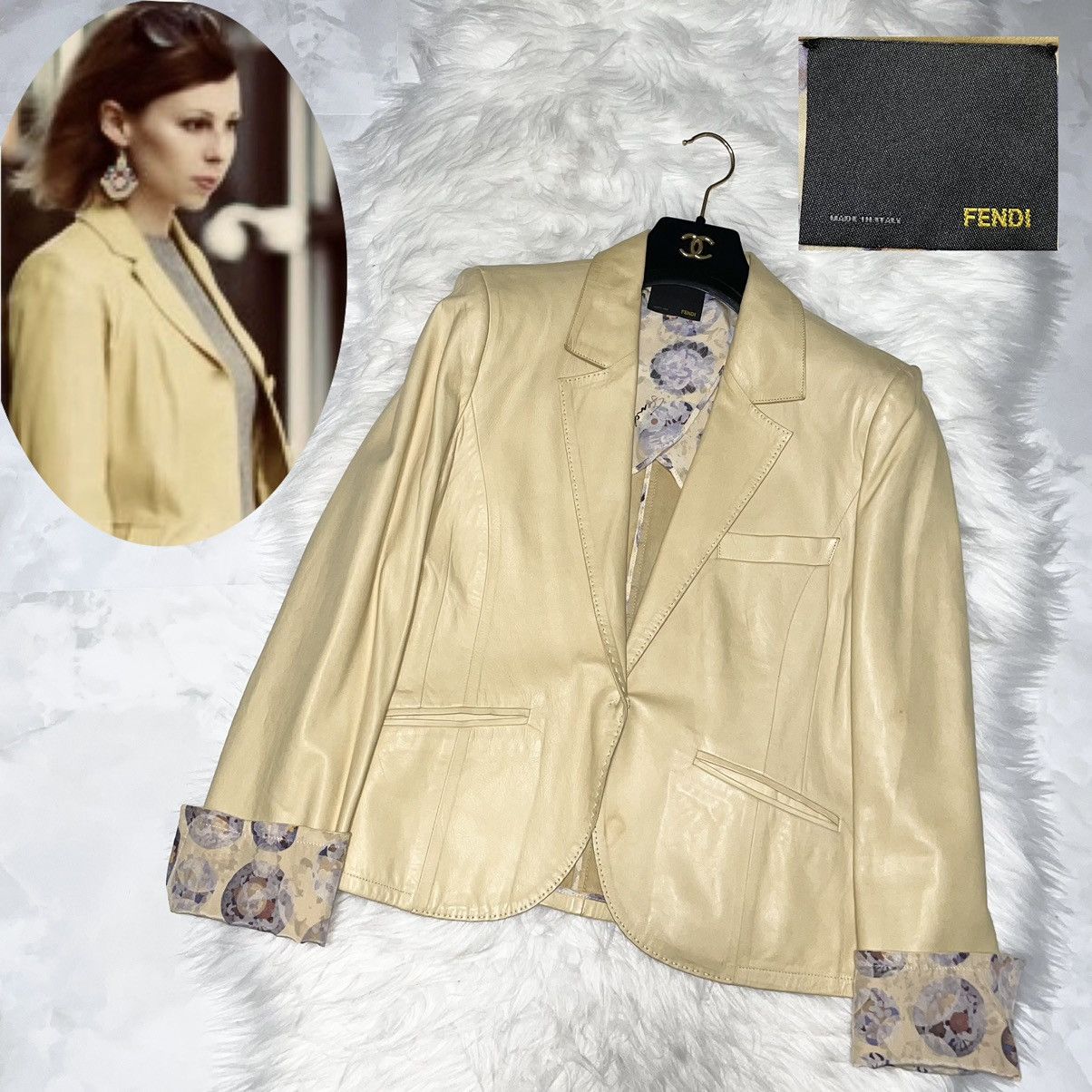 image of Fendi Tailored Leather Jacket 44 Cream Lining Floral Pattern, Women's (Size Medium)