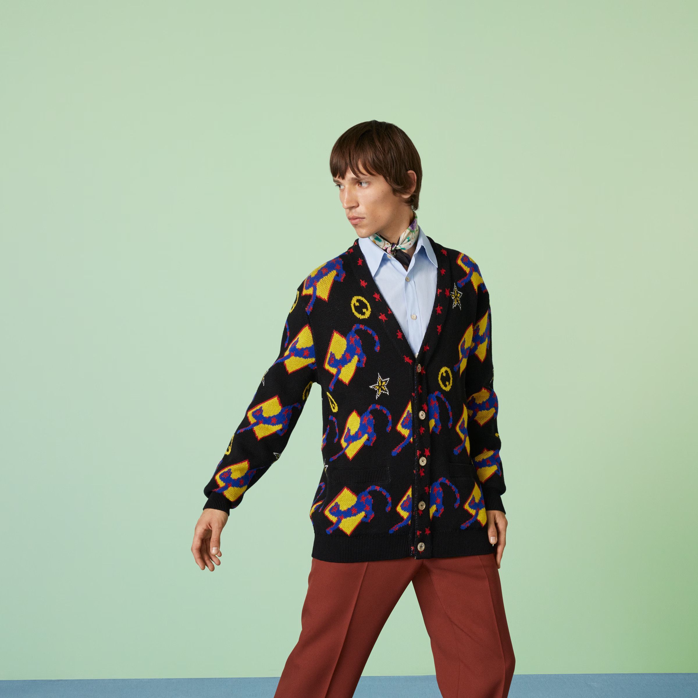 Gucci M Gucci GG Cat Graphic Logo Intarsia Cardigan Black Yellow Size US M / EU 48-50 / 2 - 2 Thumbnail