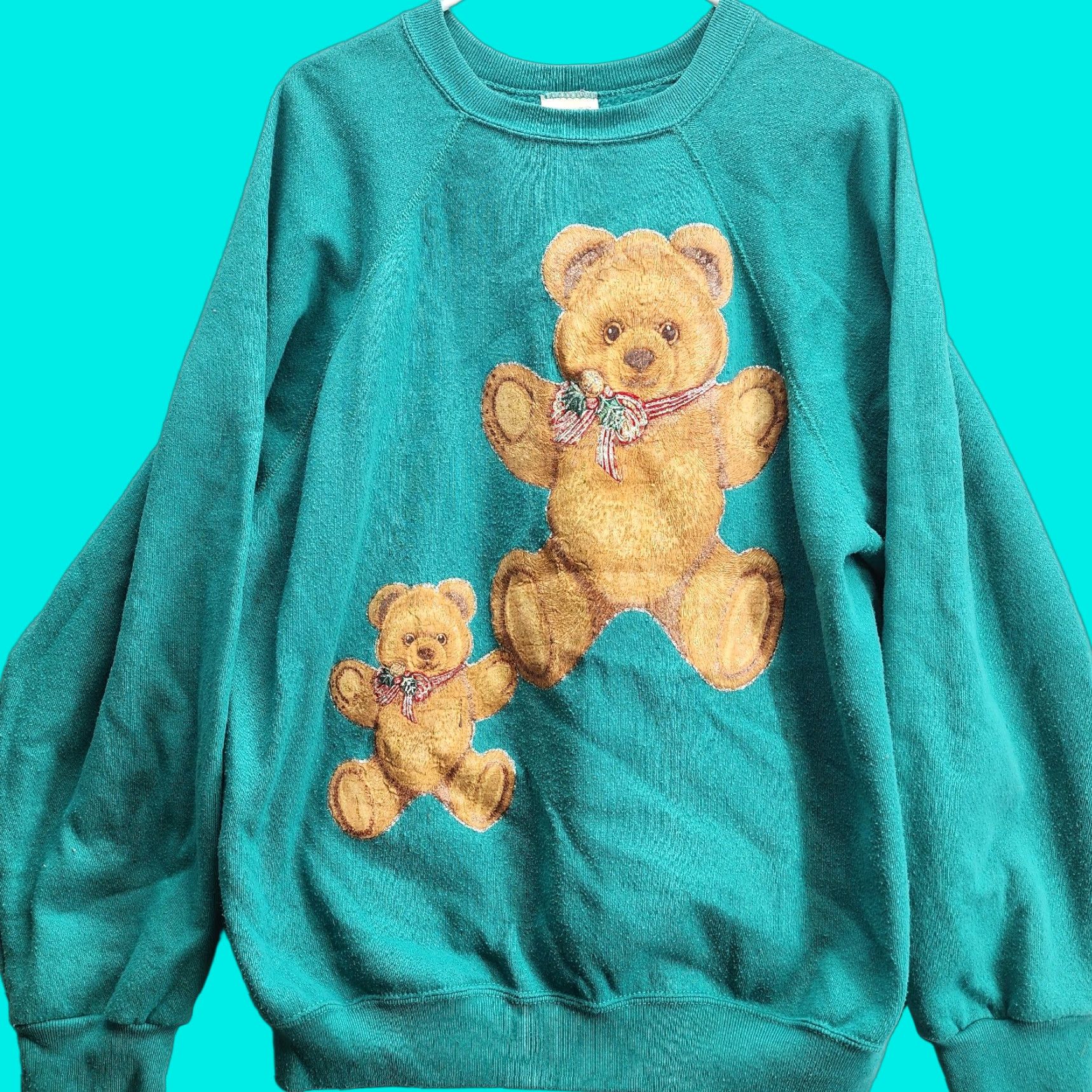 Tultex Tultex Womens XL Turquoise Christmas Teddy Bears Sweatshirt Made In USA Pullover Winter Size XL / US 12-14 / IT 48-50 - 1 Thumbnail