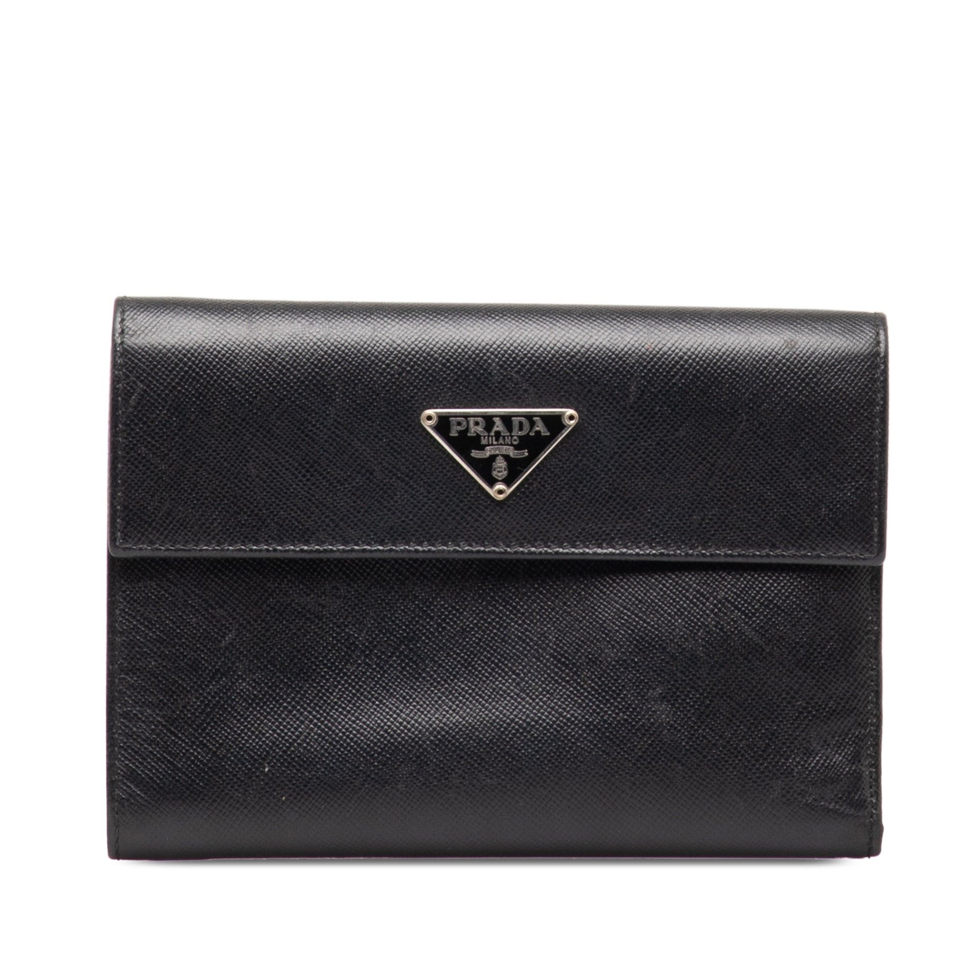 image of Prada Saffiano Trifold Compact Wallet Small Wallets in Black, Women's