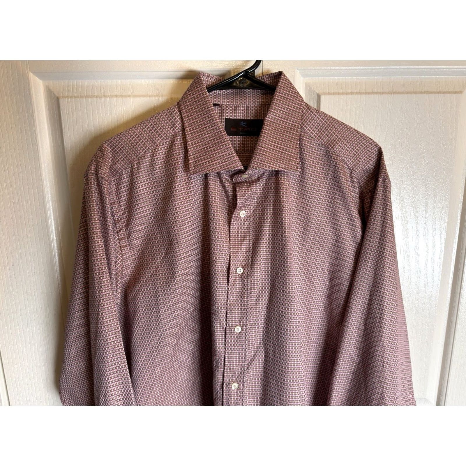 Etro ETRO Shirt Mens 45 Pink Milano Button Basketweave Check Long Sleeve Italy Size US XXL / EU 58 / 5 - 4 Thumbnail