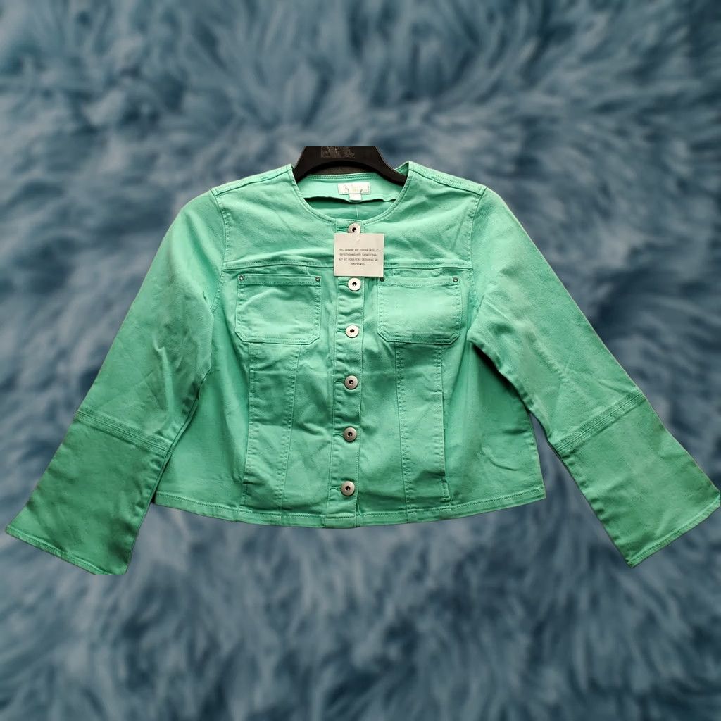 Vintage Belle by Kim Gravel Green Denim Jacket Womens S Collarless Silver Buttons Size S / US 4 / IT 40 - 1 Thumbnail