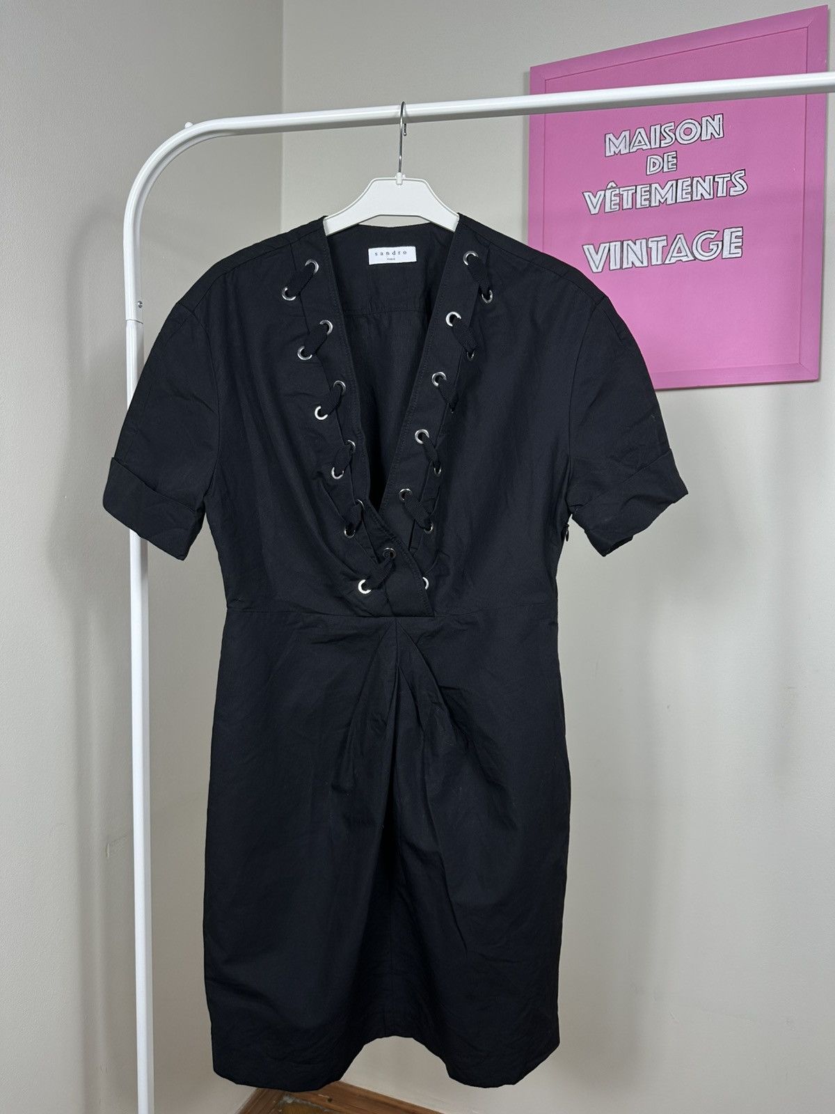Sandro Sandro Paris Clara Lace-Up Mini Dress V-Neck Pleated Size S / US 4 / IT 40 - 3 Thumbnail