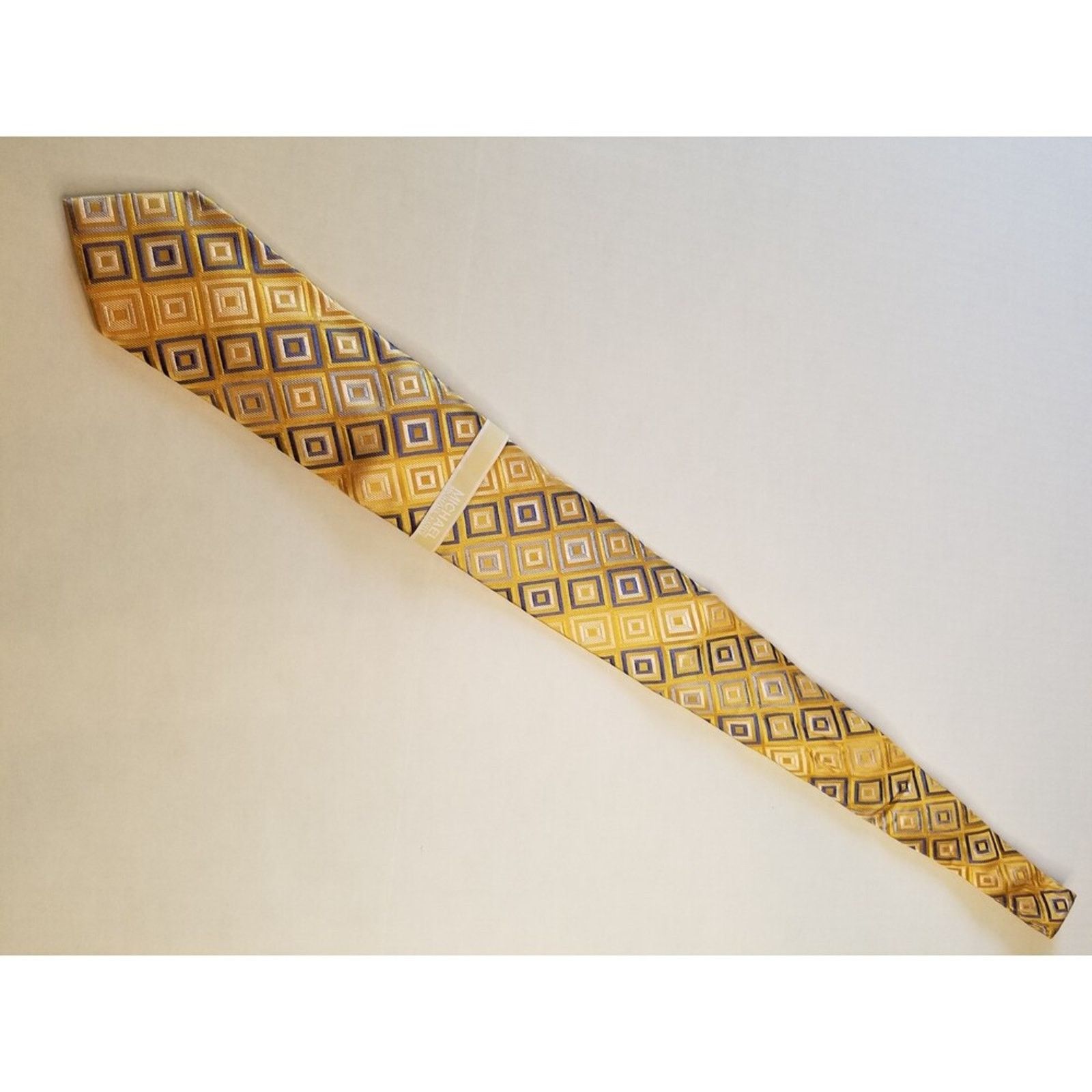 Michael Kors Michael Kors Neck Tie NWT Gold Blue Squares Diagonal Pattern Size ONE SIZE - 4 Thumbnail