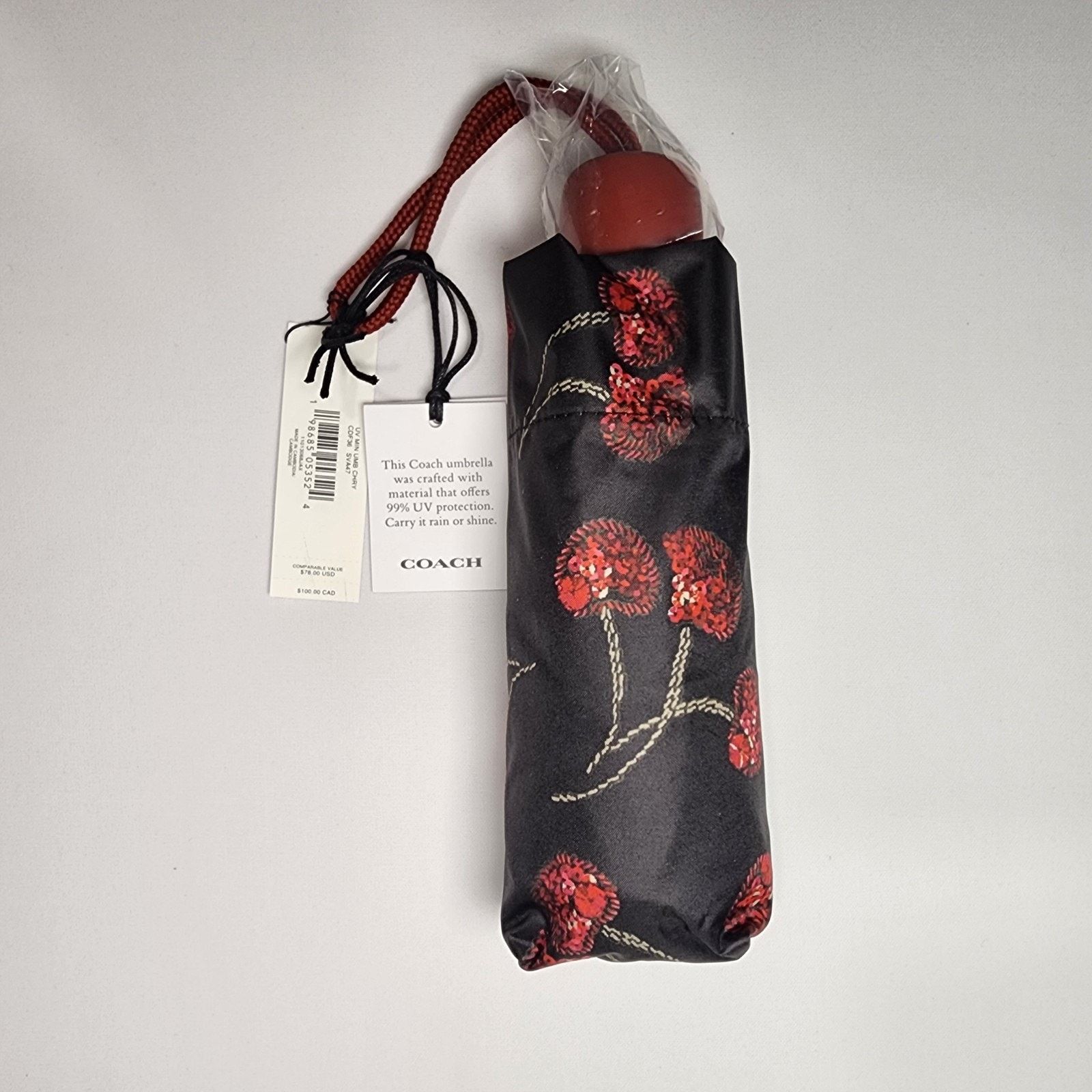 Coach Coach CDF36 Mini Umbrella Cherry Print Black UV Protection Size ONE SIZE - 1 Thumbnail