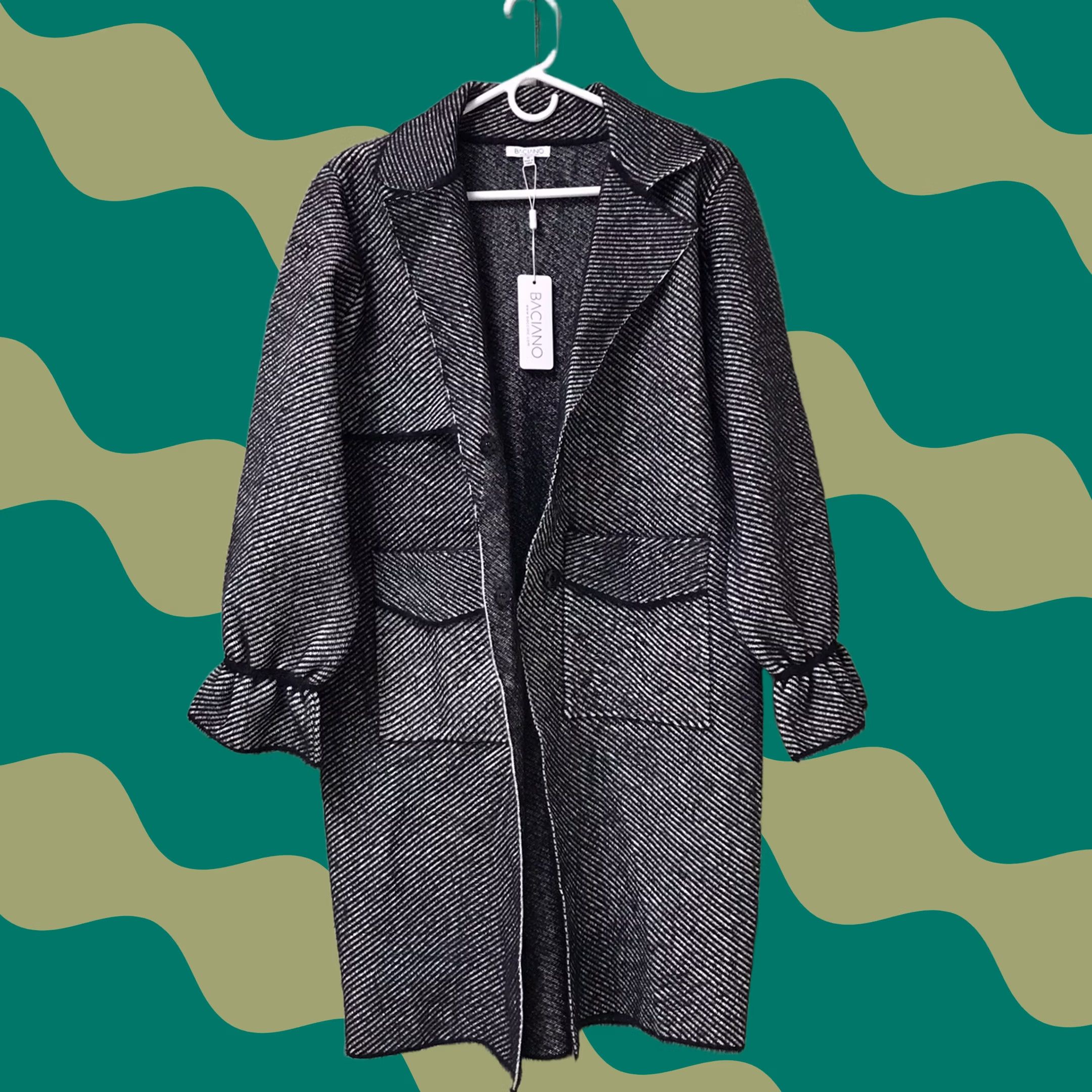 Vintage Baciano Women Black/White Striped Wool Blend Tweed Snap Knee Length Overcoat XL Coat Women Oversized Travel Workwear Party/Cocktail Men? No Size XL / US 12-14 / IT 48-50 - 1 Thumbnail