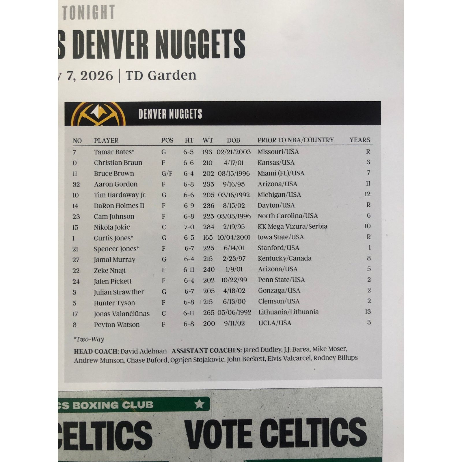 NBA Boston Celtics v Denver Nuggets 1/7/26 Lineup Poster Hauser Size ONE SIZE - 5 Thumbnail