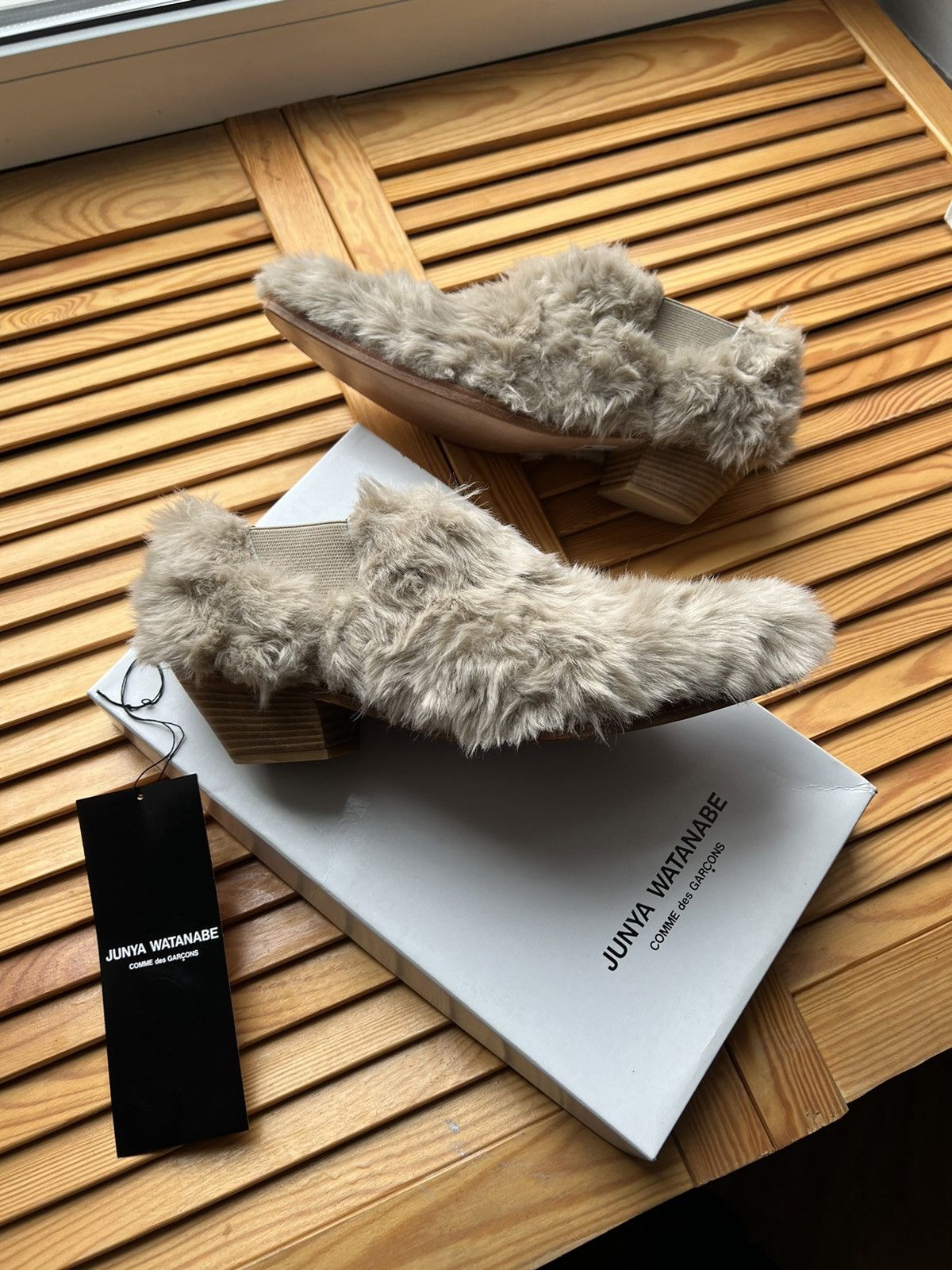 image of Comme Des Garcons x Junya Watanabe Fur Loafers in Cream, Women's (Size 9)