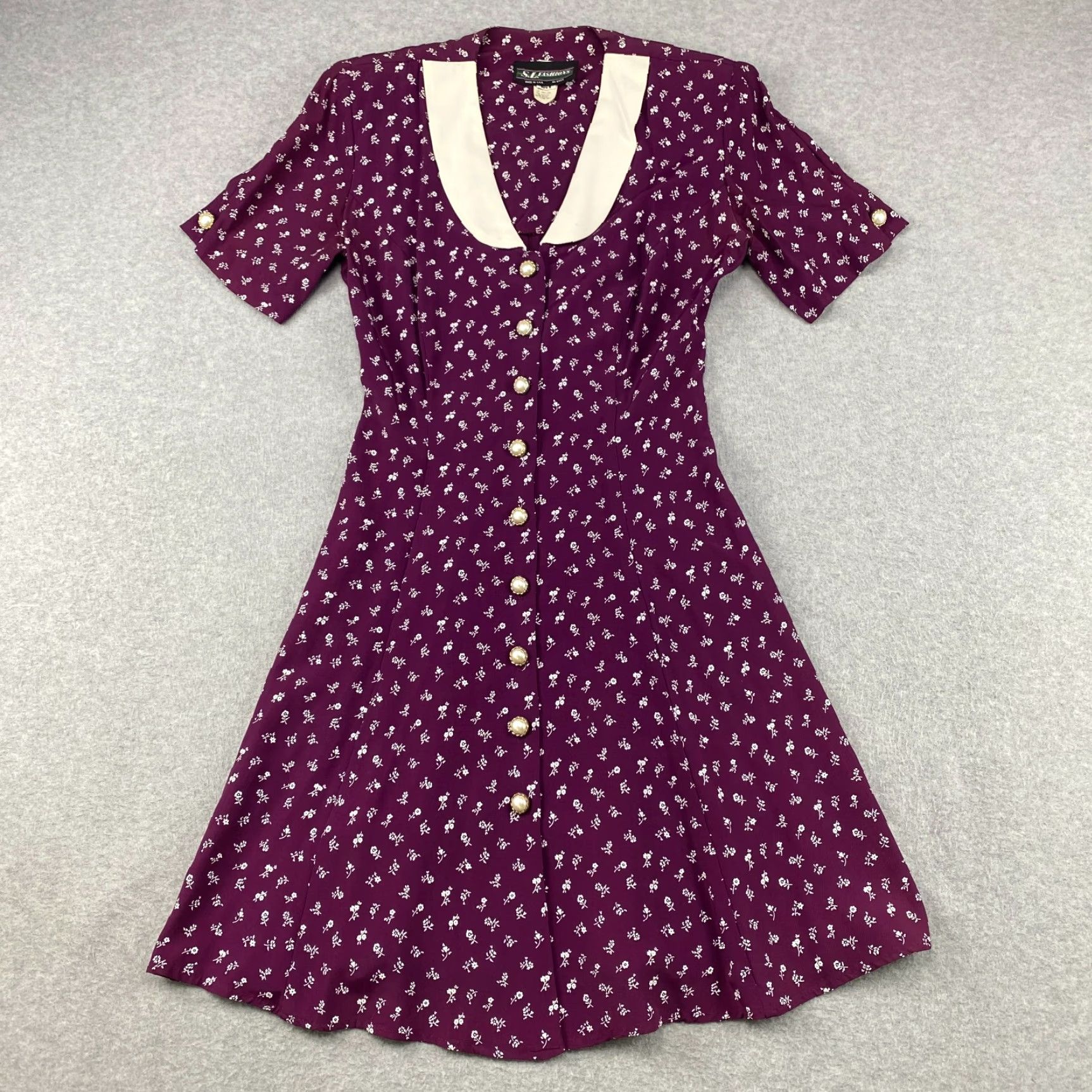 Vintage VINTAGE S.L. Fashions Dress Womens 8 A-Line Floral Button Up Collared Knee Length Plum Size M / US 6-8 / IT 42-44 - 2 Thumbnail