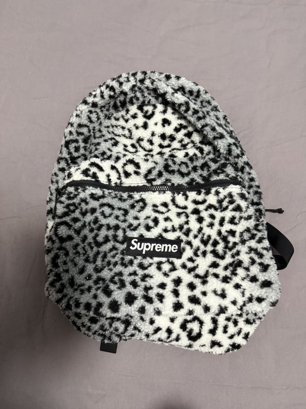 Supreme leopard fleece backpack bag White black