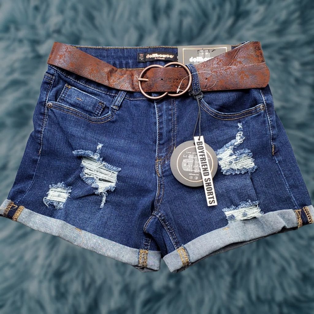 Vintage Dollhouse Chino Shorts Women's 28 Blue Denim Distressed Cuffed Hem Belted Waist: Womens Size 28 Blue Denim Casual Shorts Size 28" / US 6 / IT 42 - 1 Thumbnail