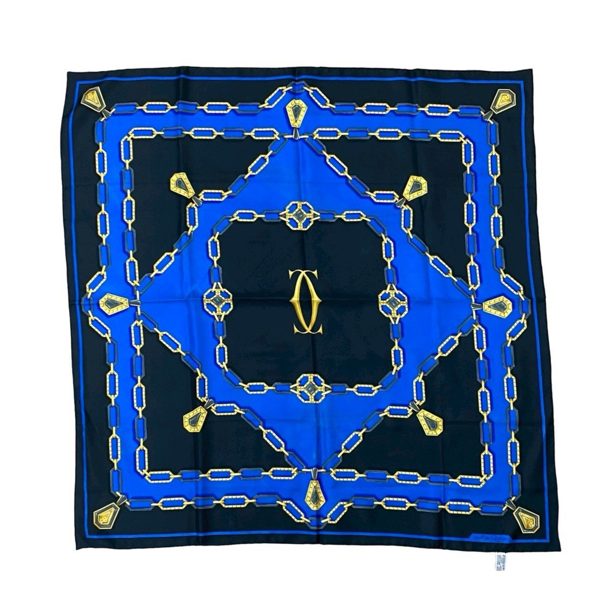 CARTIER Vintage Must Line Chain Pattern Silk Scarf/Muffler/Bandana in Blue Multicolor (08400)