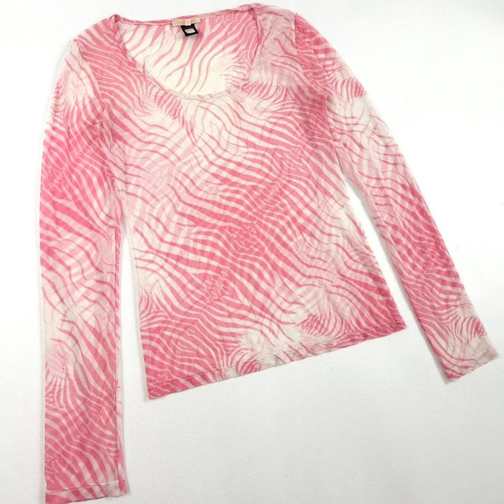 y2k Cavalli mesh white and pink zebra print long sleeve top