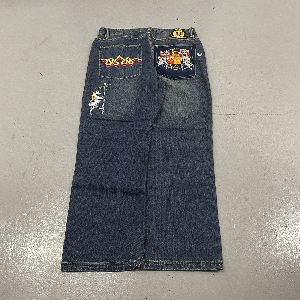 image of Jnco x Vintage Crown Holder Crazy Embroidered Grunge Y2K Baggy Jeans in Blue, Men's (Size 38)