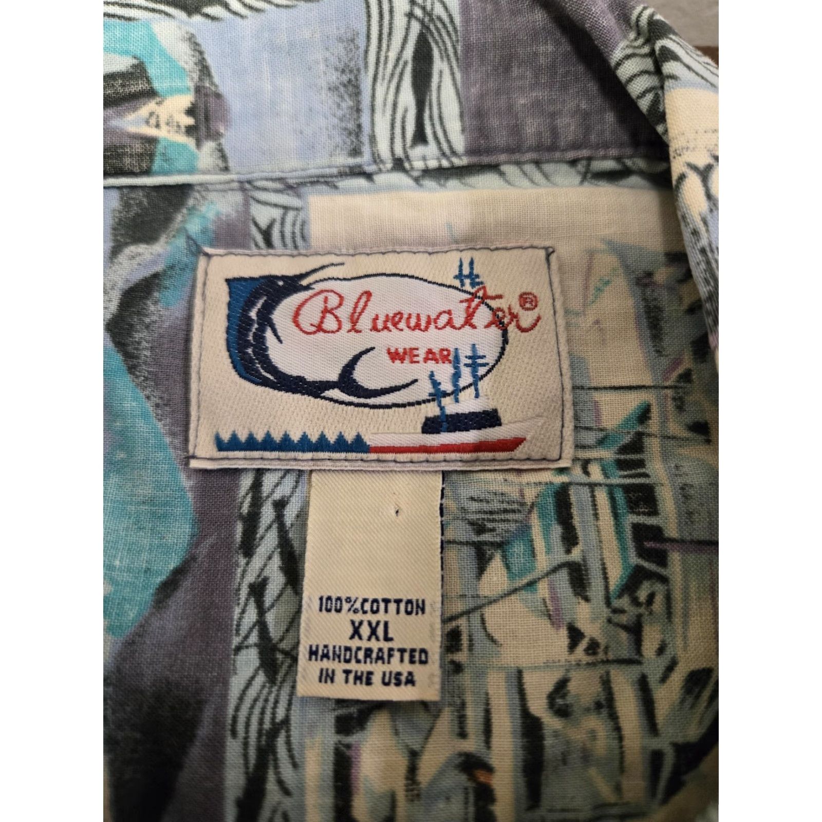 ALOHAS Bluewater Wear Shirt Mens 2XL Blue Gray Hawaiian Aloha Fishing Button Front USA Size US XXL / EU 58 / 5 - 4 Thumbnail