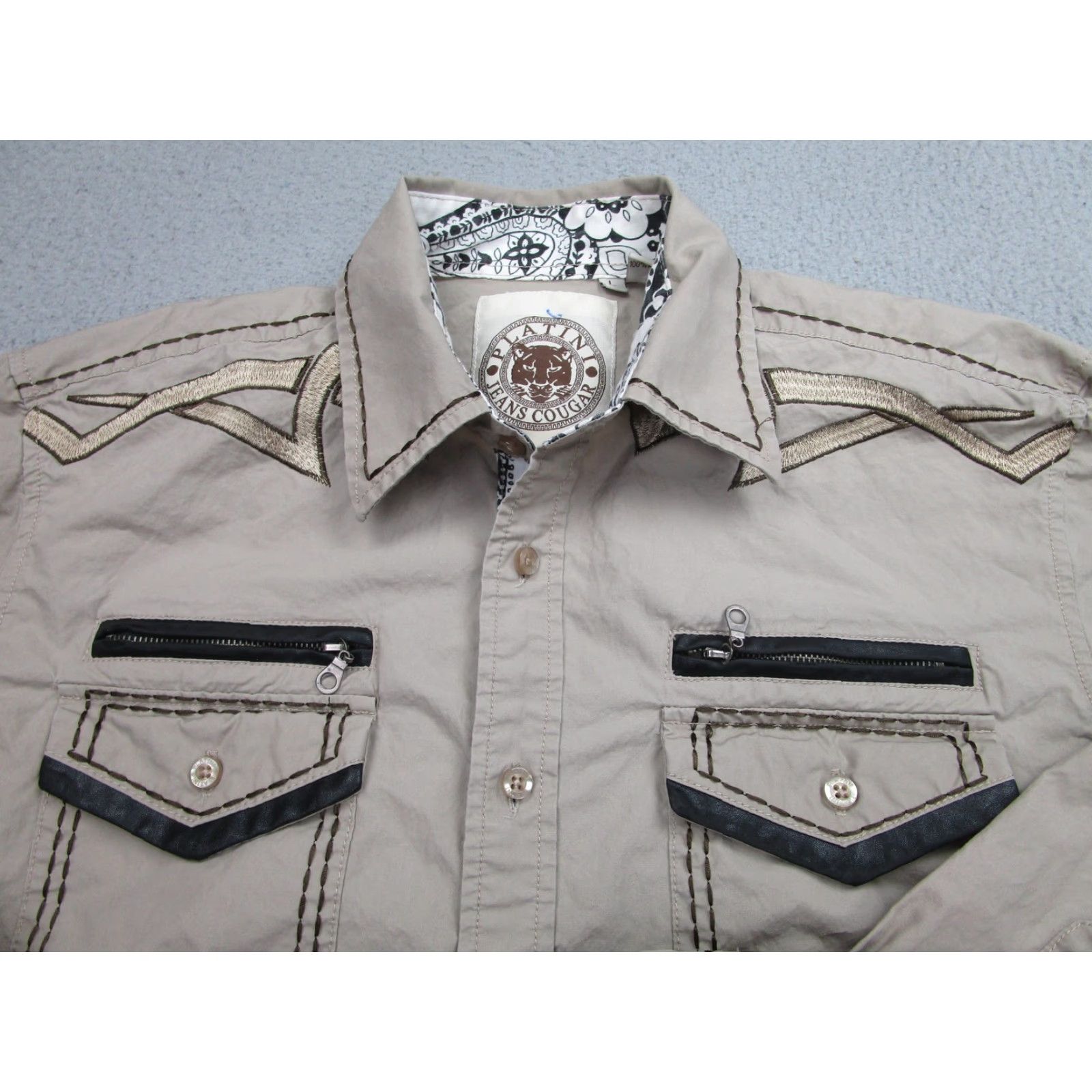 Cougar VINTAGE Platini Jeans Cougar Shirt Mens Large Tan Western Embroidered Snap Button Cowboy - Shirt - Adult Large - Beige - Western/Cowboy - Mens Size US L / EU 52-54 / 3 - 3 Thumbnail