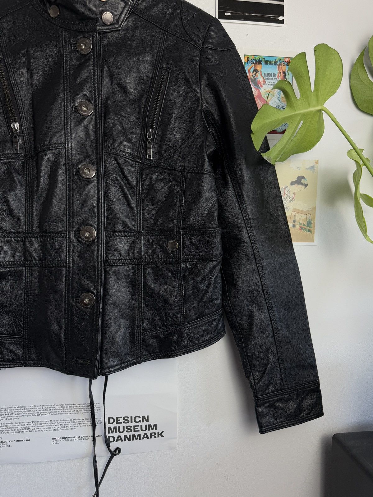 Vintage Black cropped moto biker leather jacket S archive 90s