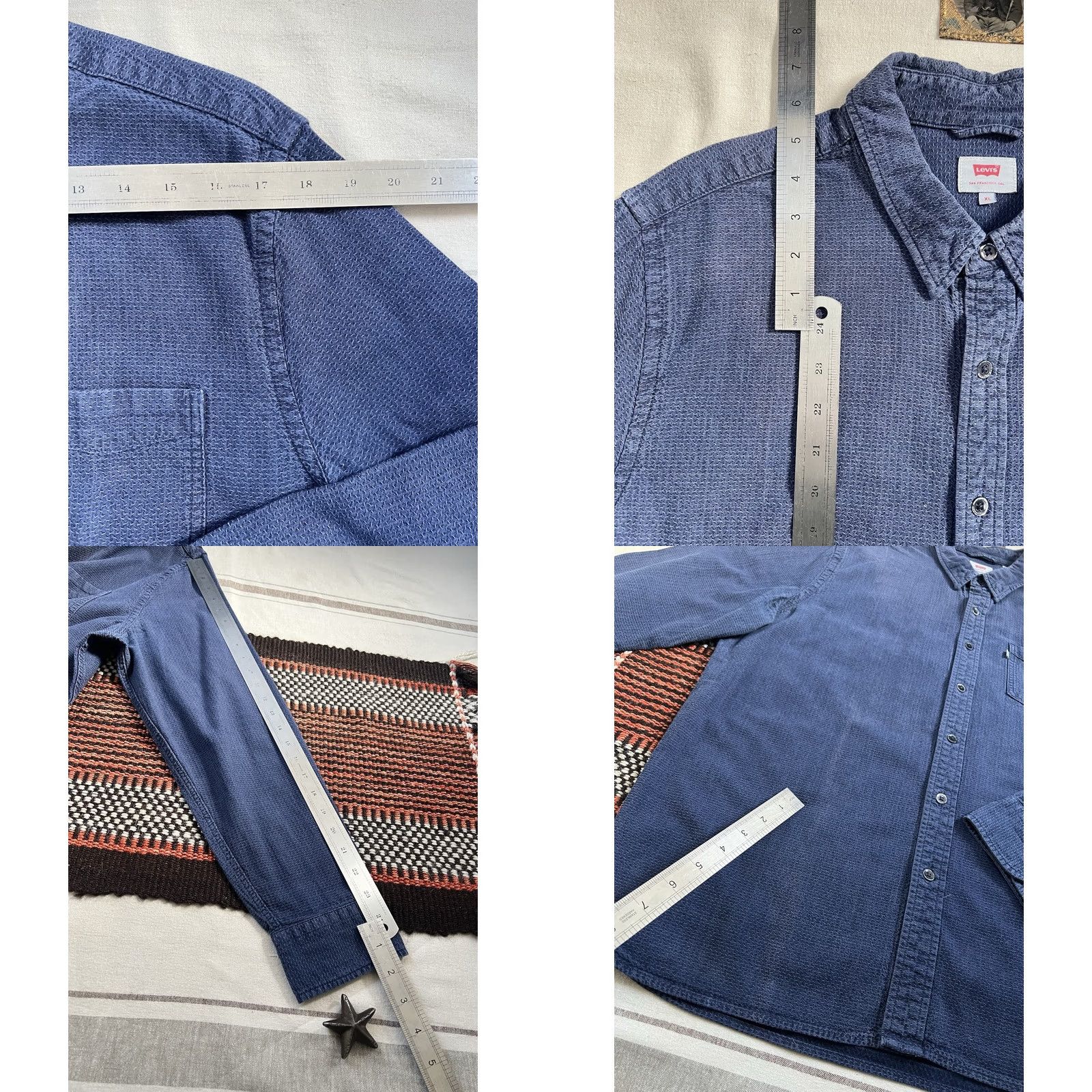 Levi's VINTAGE Levi's Shirt XL Indigo Brocade Raised Pattern RARE 2018 USA Oak Cone Mills Blue Mens Size US XL / EU 56 / 4 - 8 Thumbnail