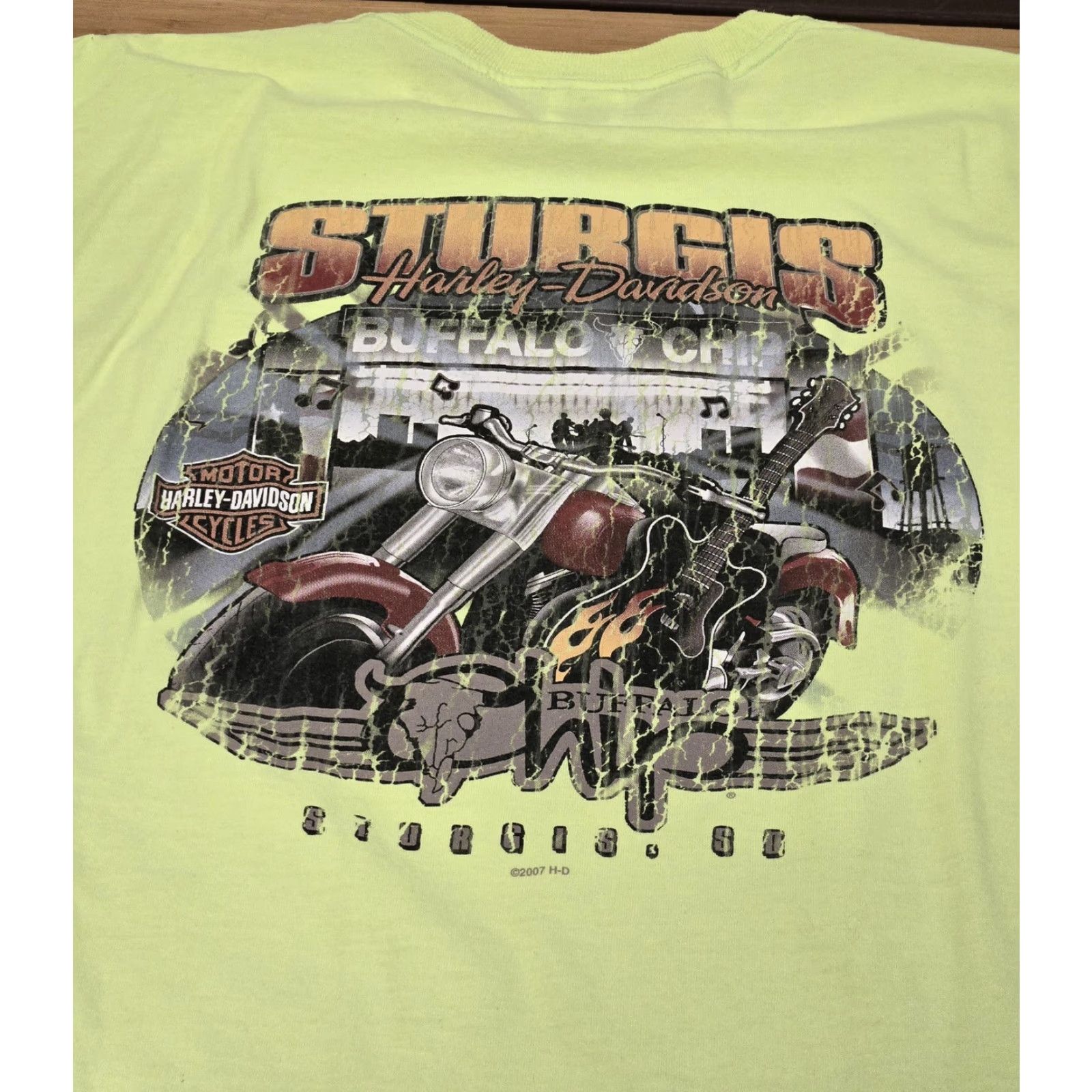 Harley Davidson VINTAGE Harley-Davidson Shirt Mens XL T-Shirt 2008 Sturgis Black Hills Rally Neon Yellow Graphic Print Short Sleeve Mens Size US XL / EU 56 / 4 - 6 Thumbnail