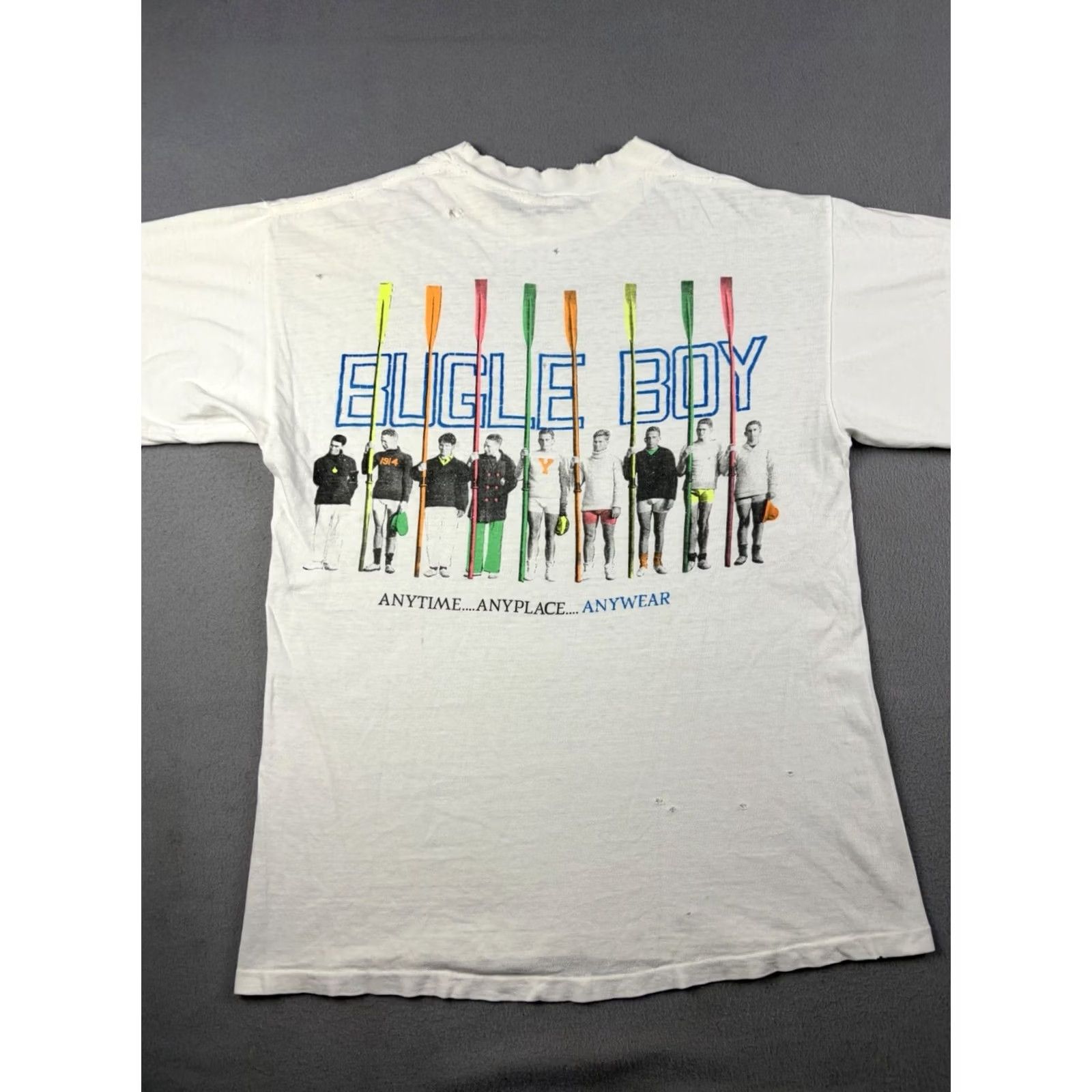 Bugle Boy VINTAGE Bugle Boy T Shirt Adult Large White Distressed Rowing USA 80s Mens Size US L / EU 52-54 / 3 - 6 Thumbnail