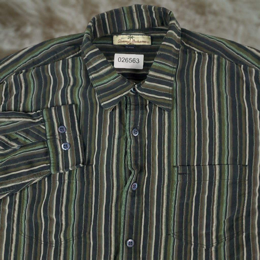 Tommy Bahama Tommy Bahama Silk Button-Up Shirt Men's Large Green Striped Long Sleeve Size US L / EU 52-54 / 3 - 1 Thumbnail